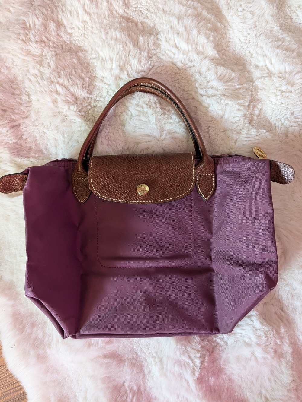 Longchamp Plum Tote with Brown Trim